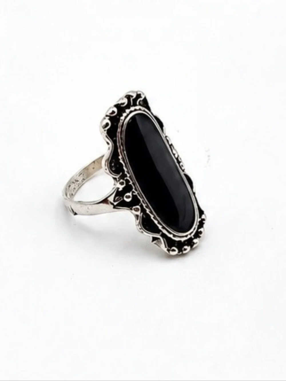 💎 Black Oval Cabochon Ring Silver Tone Ornate Gothic Victorian Size 7.25